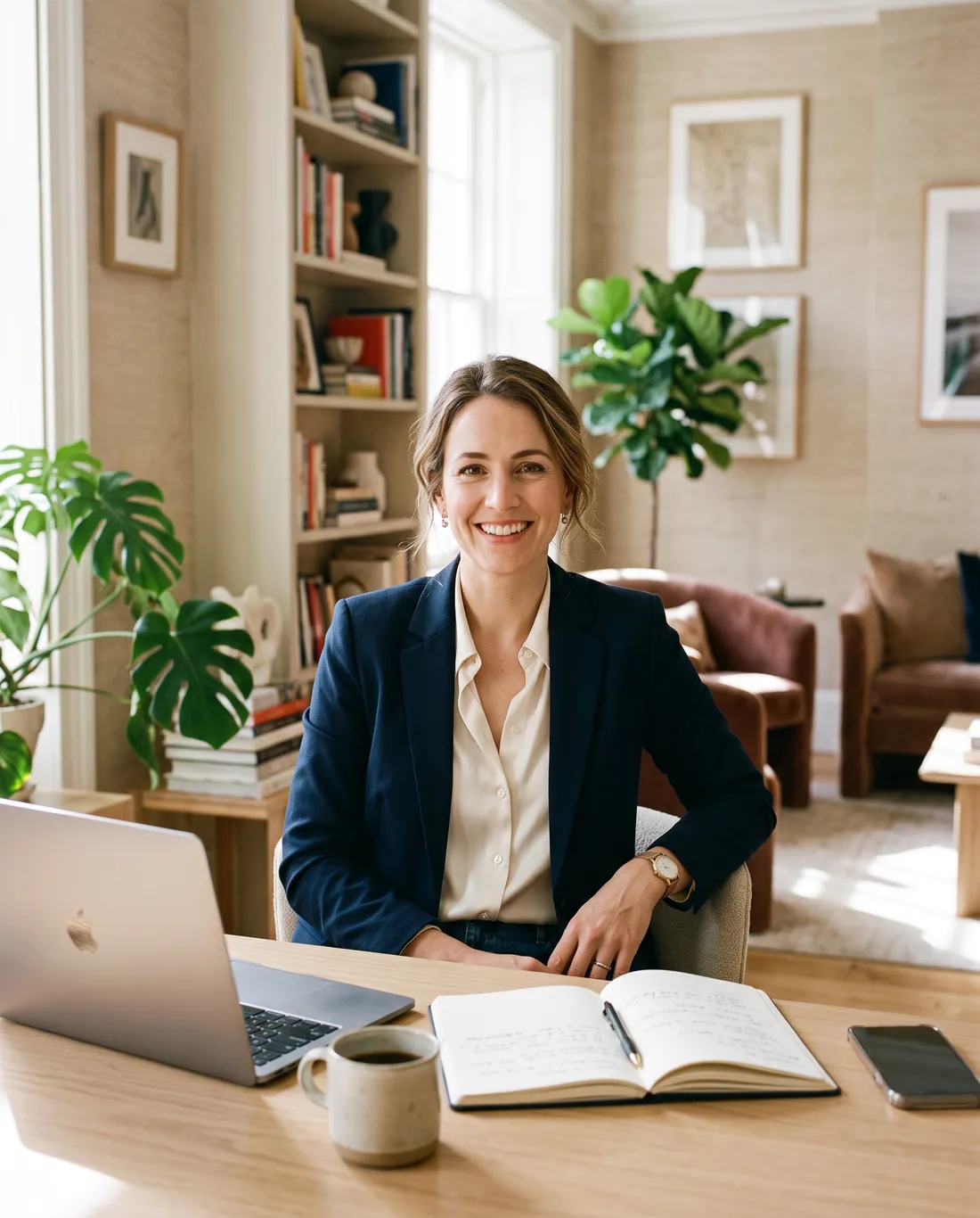 Businesswoman working on her laptop with a notebook and a cup of coffee