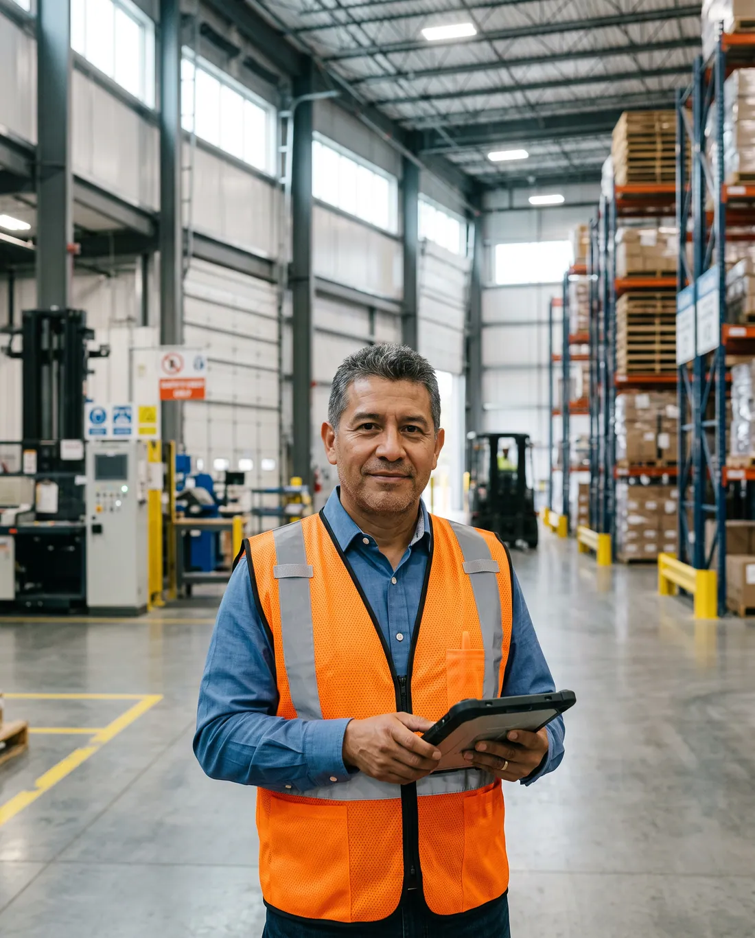 Operations manager with a tablet inside an industrial plant
