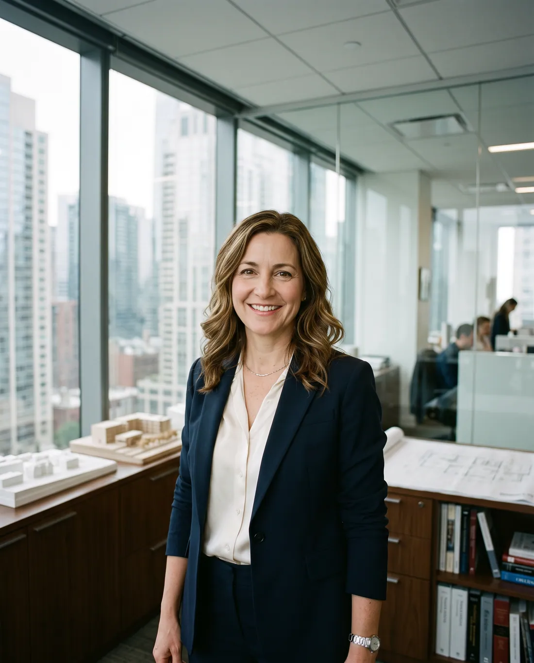 Smiling executive in a corporate office with a city view