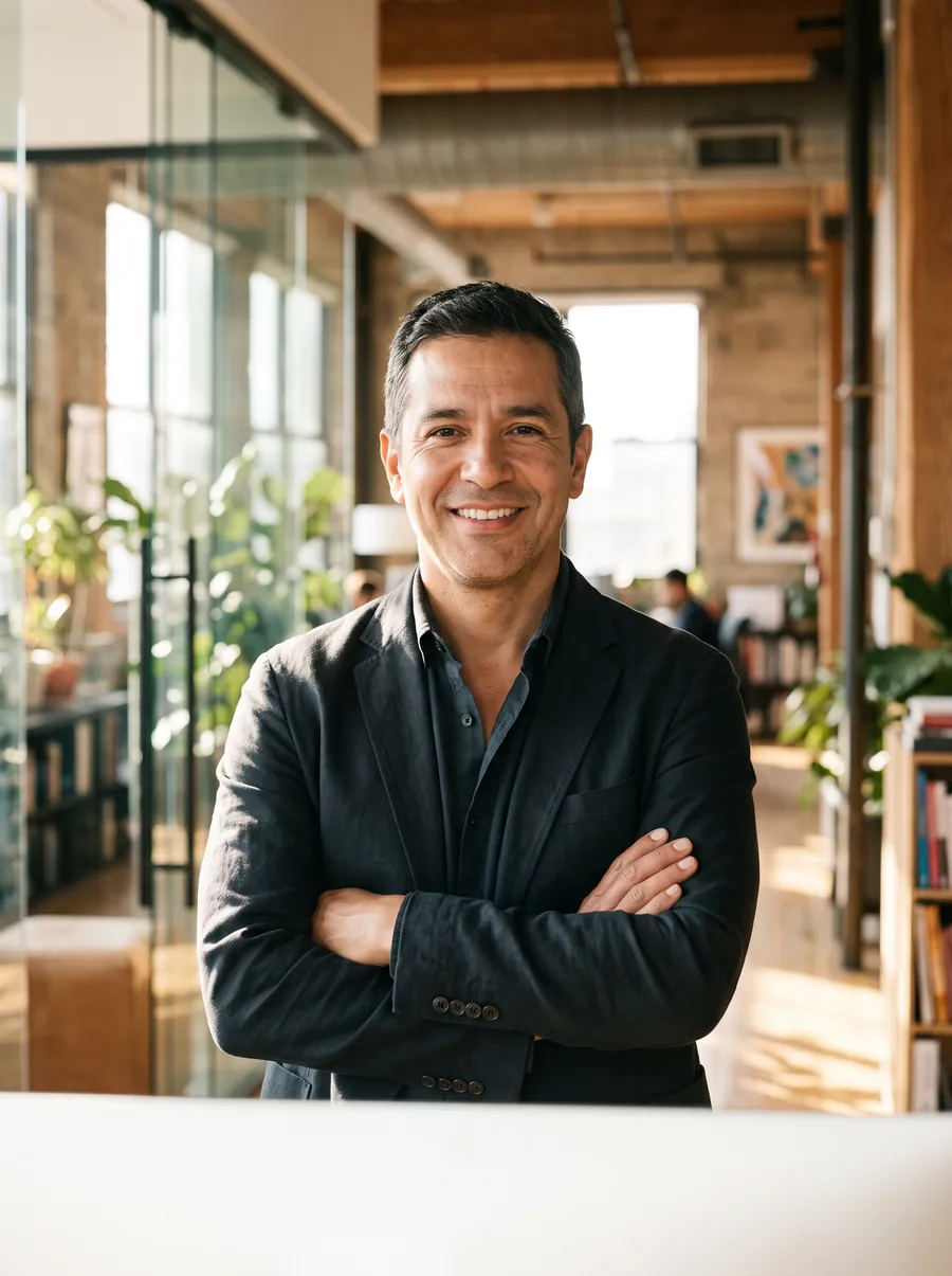 Smiling company director with arms crossed in his office