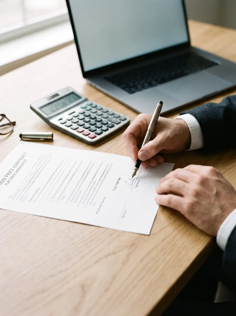 Signing a one-time-fee contract next to a calculator and a laptop