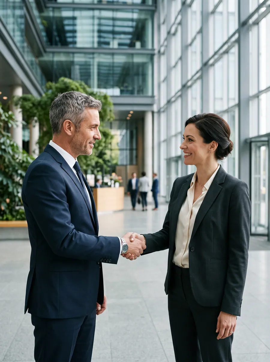 Handshake between two professionals in front of a corporate building