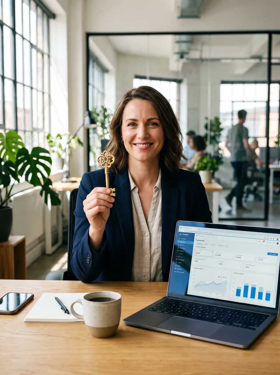 Businesswoman showing the key to her website with a metrics dashboard on her laptop