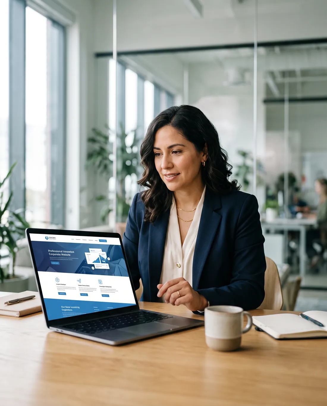 Company executive reviewing her corporate website on a laptop