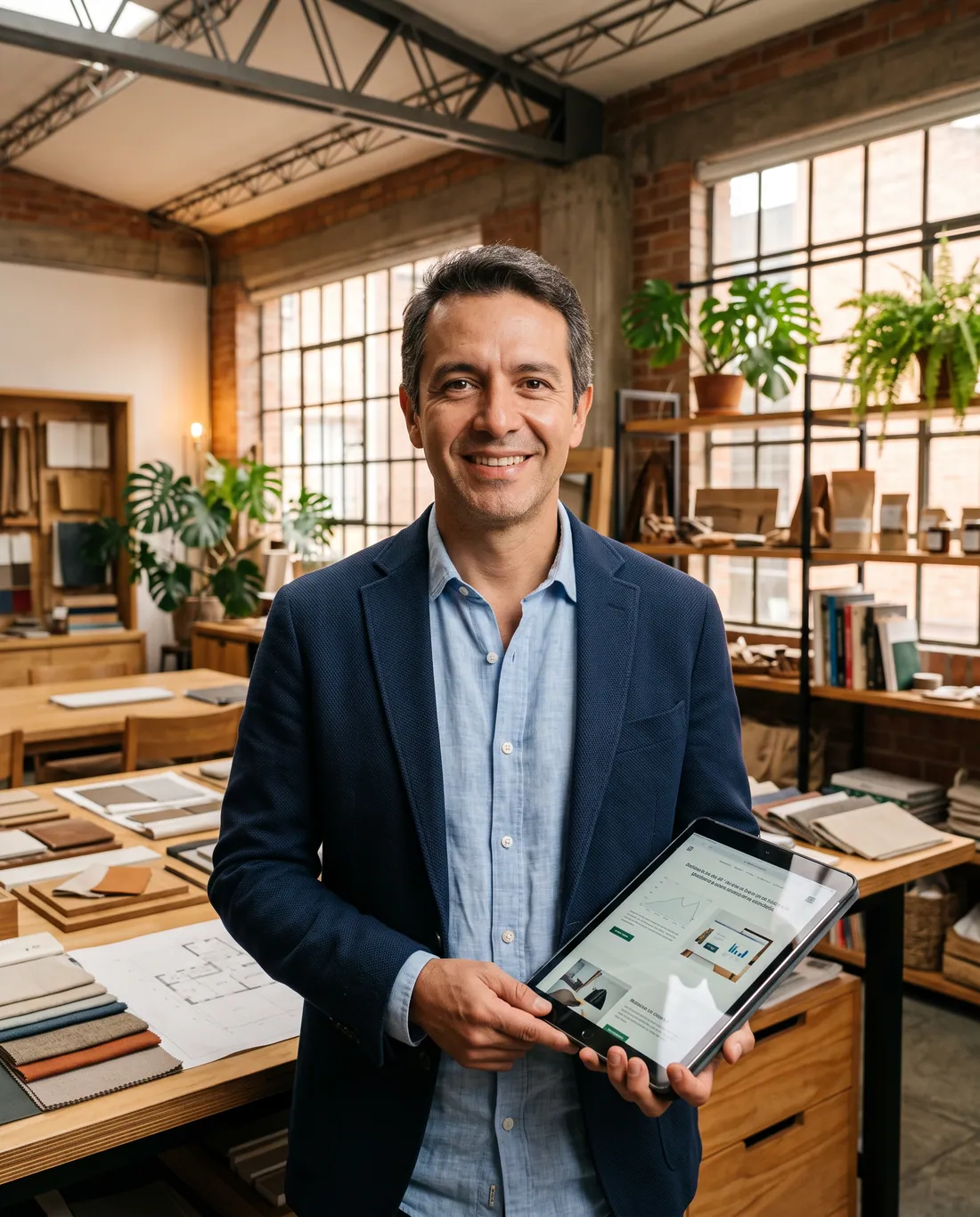 Smiling businessman showing his company website on a tablet