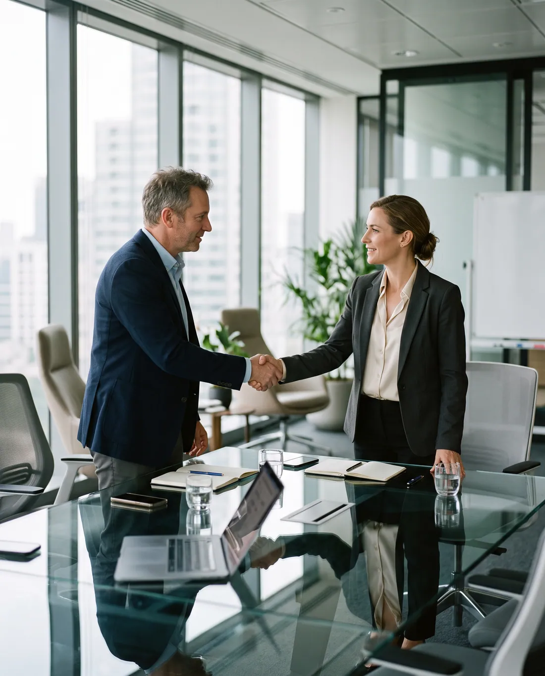 Two executives closing a deal with a handshake in an office